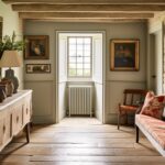 Old cottage hallway decor, interior design and house improvement, antique entryway furniture, stairway and entrance hall home decor in an English country house style, generative ai